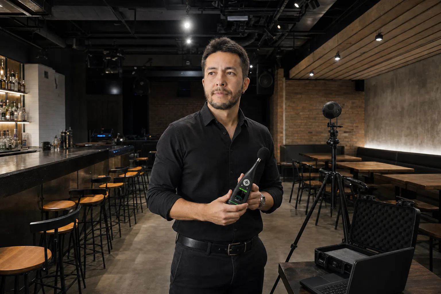 Cena de avaliação de ruído em um bar com equipamentos de medição