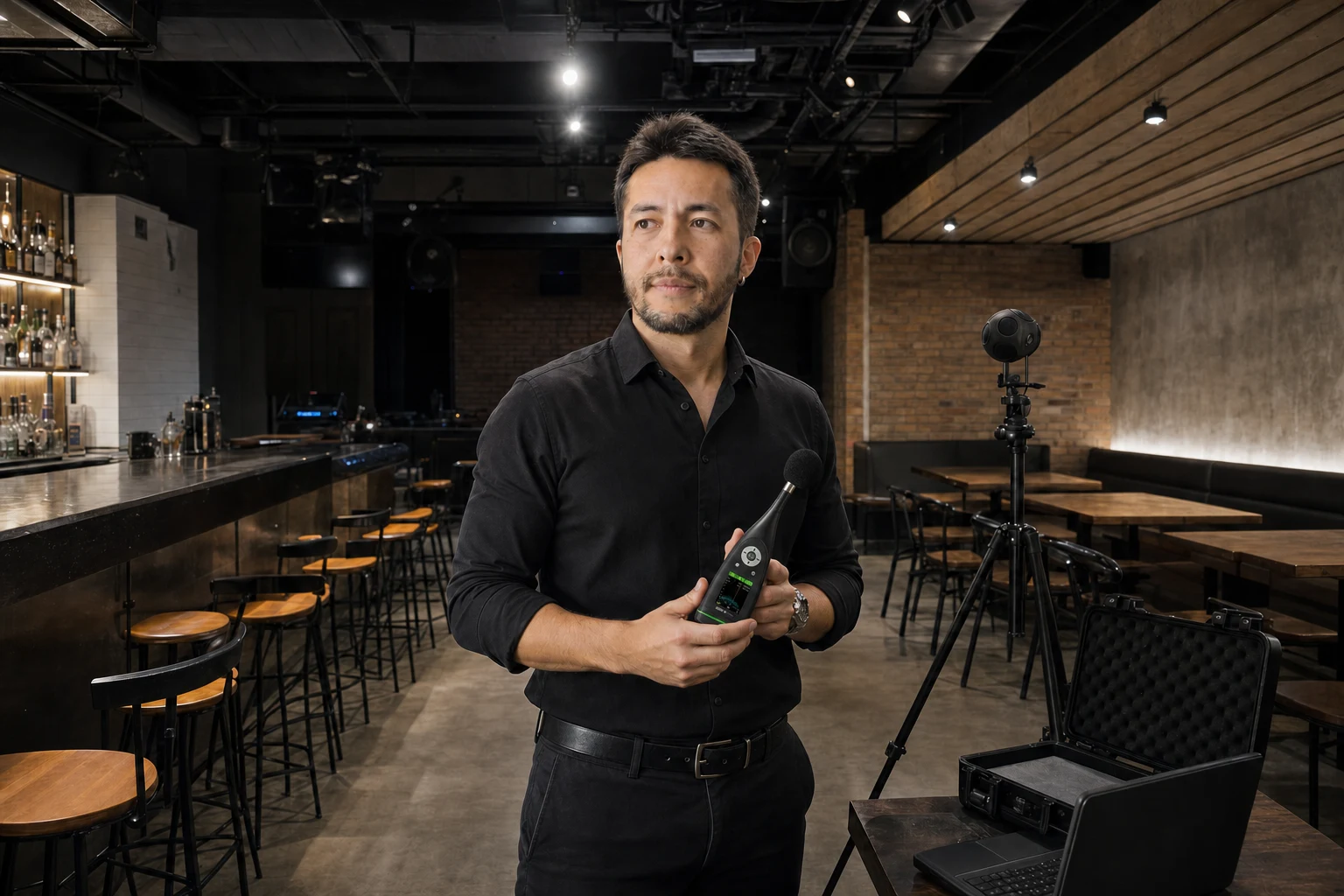 Cena de avaliação de ruído em um bar com equipamentos de medição