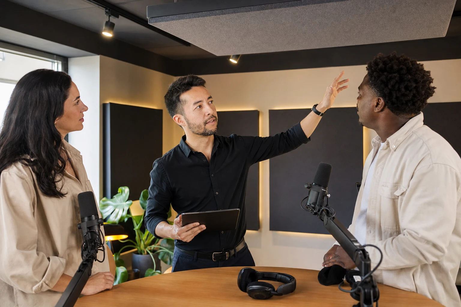 Consultoria em sala de podcast com microfones, painéis de parede e elemento suspenso