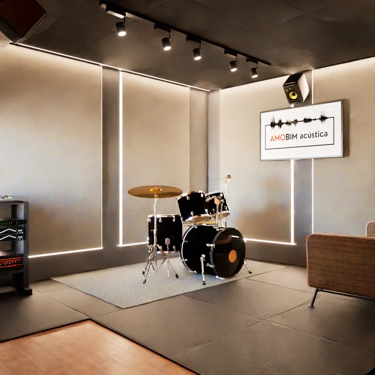 Visualização de home studio com bateria, monitores e revestimentos de parede
