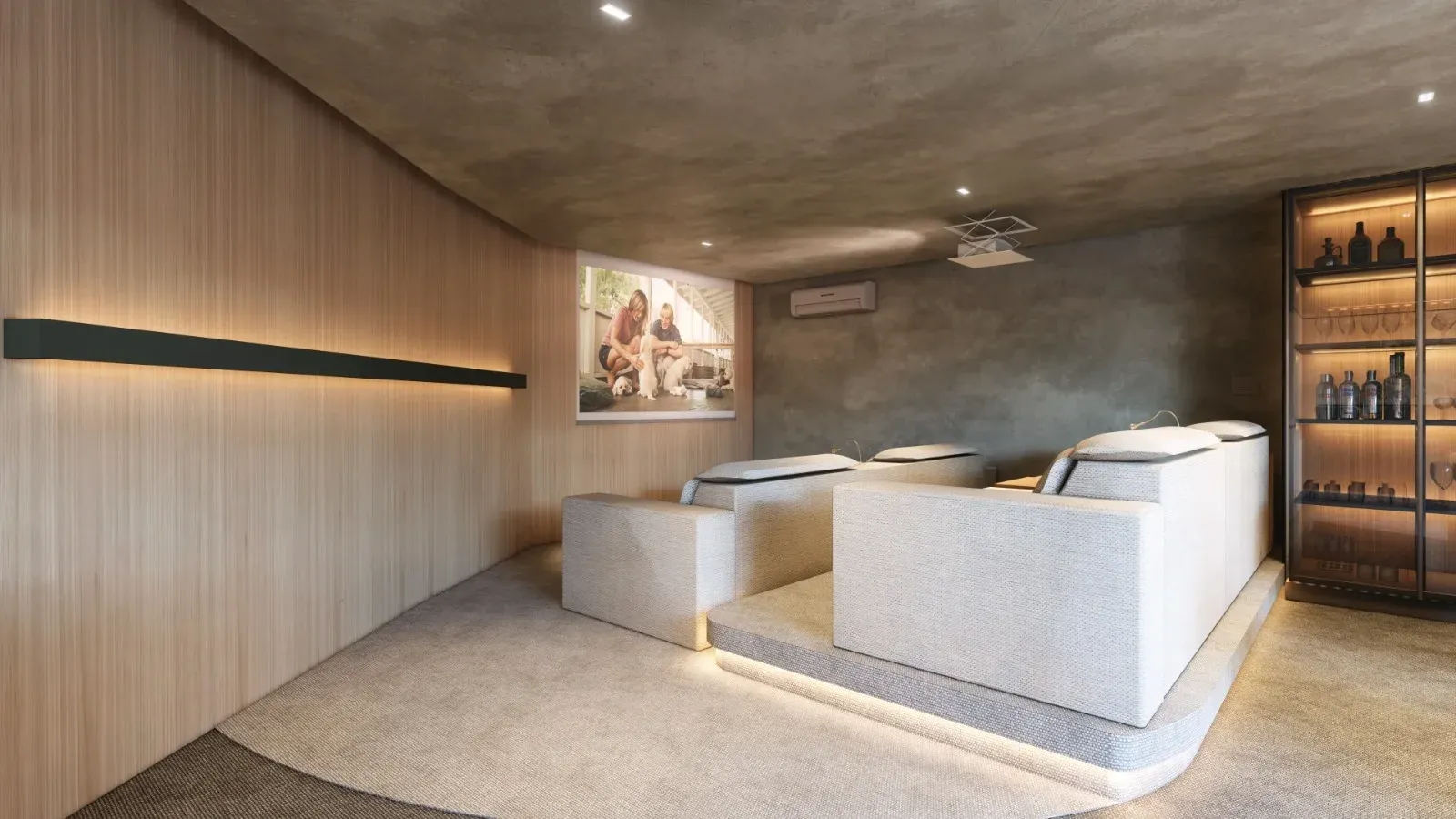Desenvolvimento acústico para uma sala residencial de cinema integrada a um espaço de convivência.