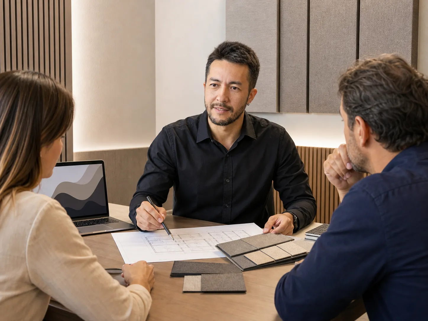 Reunião de consultoria com planta e amostras de materiais sobre a mesa